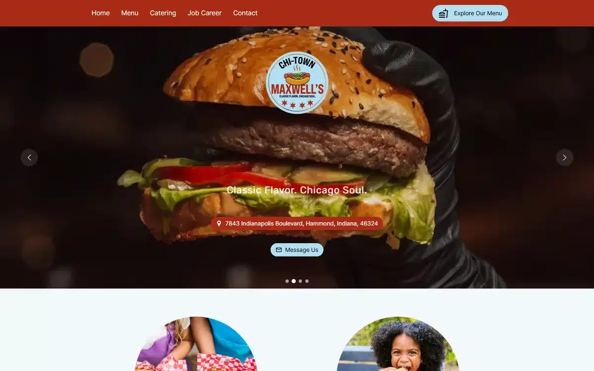 Chi-Town Maxwells website with gloved-hand burger photography in moody lighting