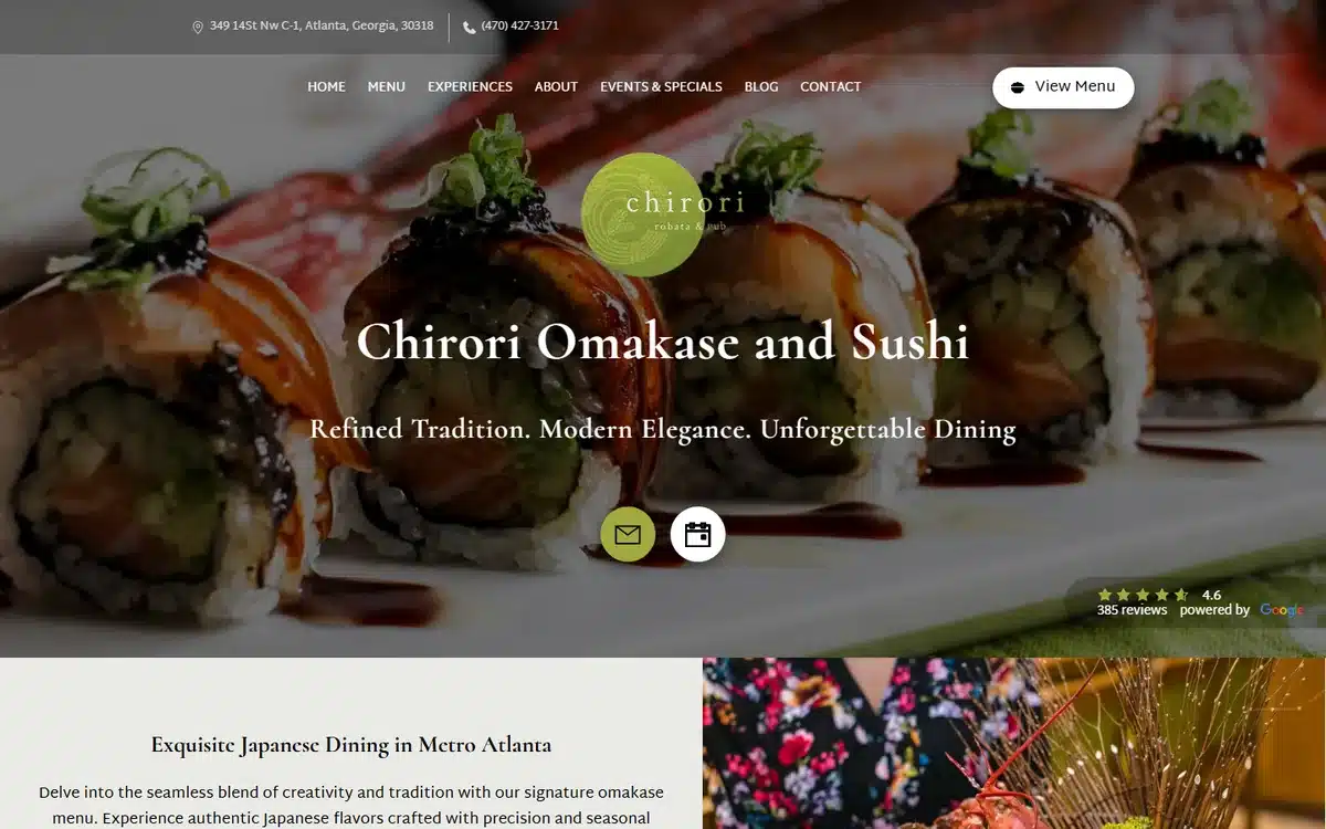 Chirori Omakase Atlanta website with premium sushi photography and sage-green logo