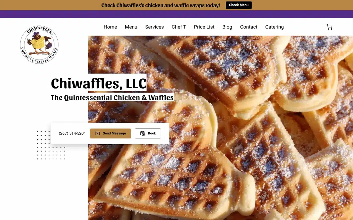 Chiwaffles website with close-up waffle texture and playful chicken-and-waffle branding
