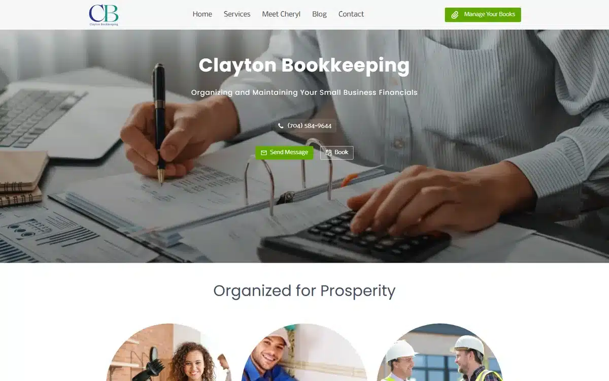 Clayton Bookkeeping accounting website with a tactile calculator-and-ledger hands hero and a monogram brand mark