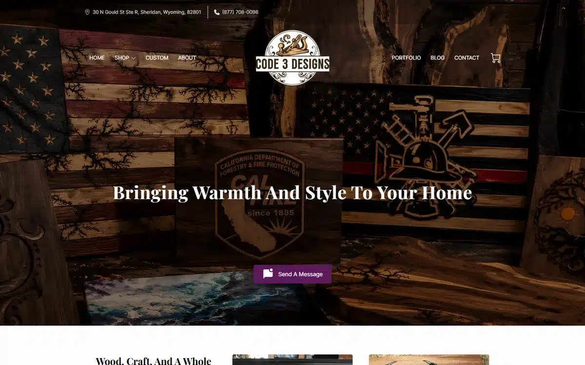 Code 3 Designs woodworking website with a wood-and-flag American craft hero
