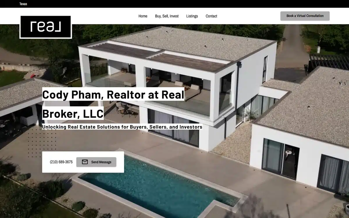 Cody Pham real estate website with modern architecture hero and lowercase real wordmark