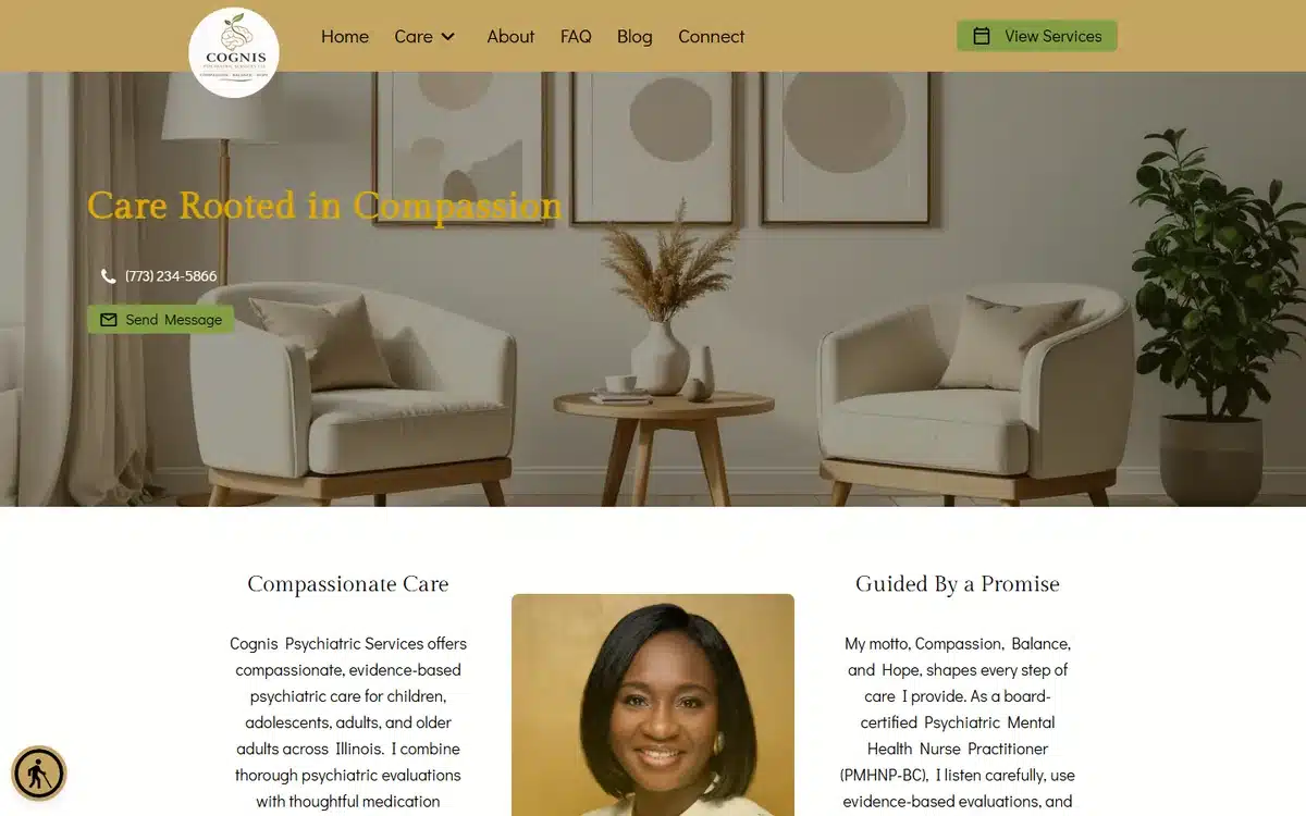 Cognis Psychiatric Services website with premium muted-gold palette and refined waiting-room interior