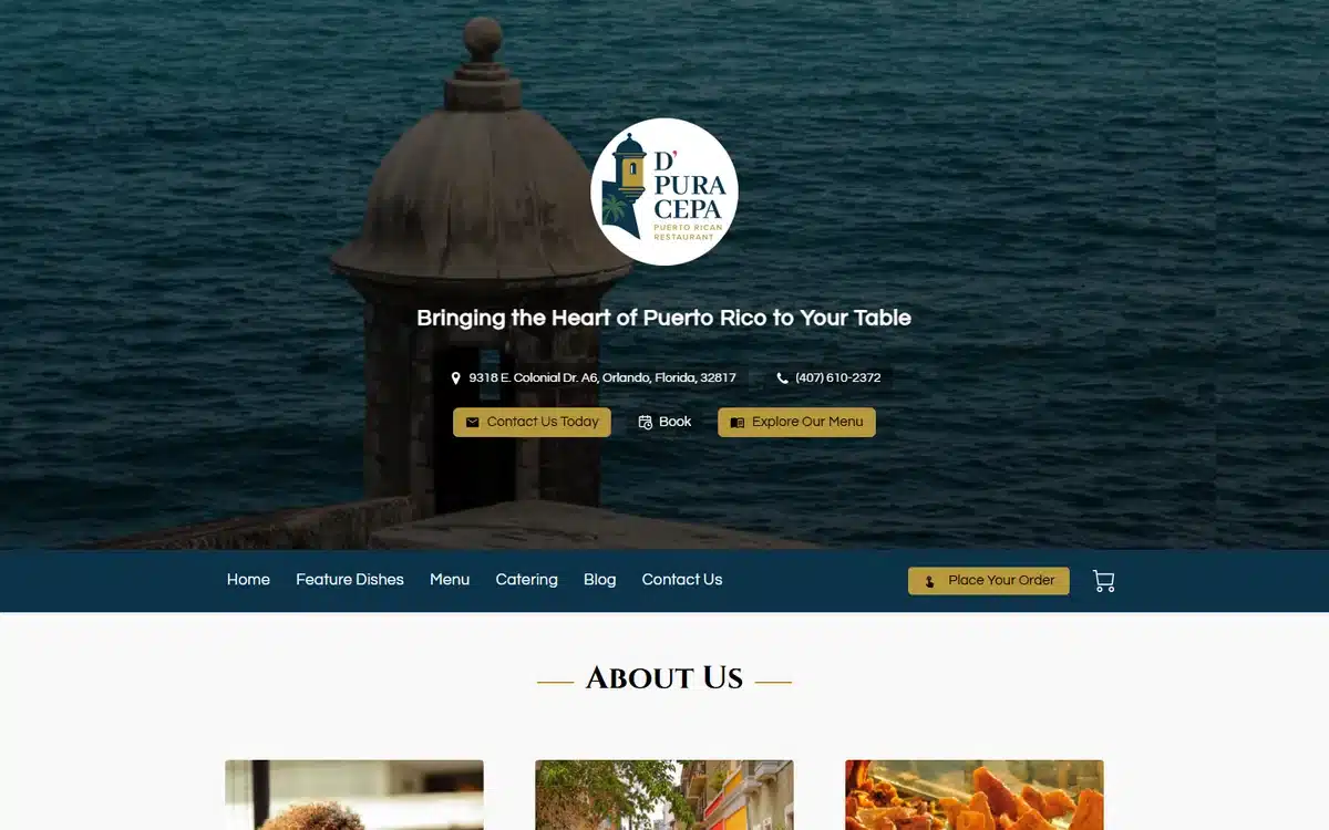 D' Pura Cepa website featuring Puerto Rico coastal fortress and Caribbean branding