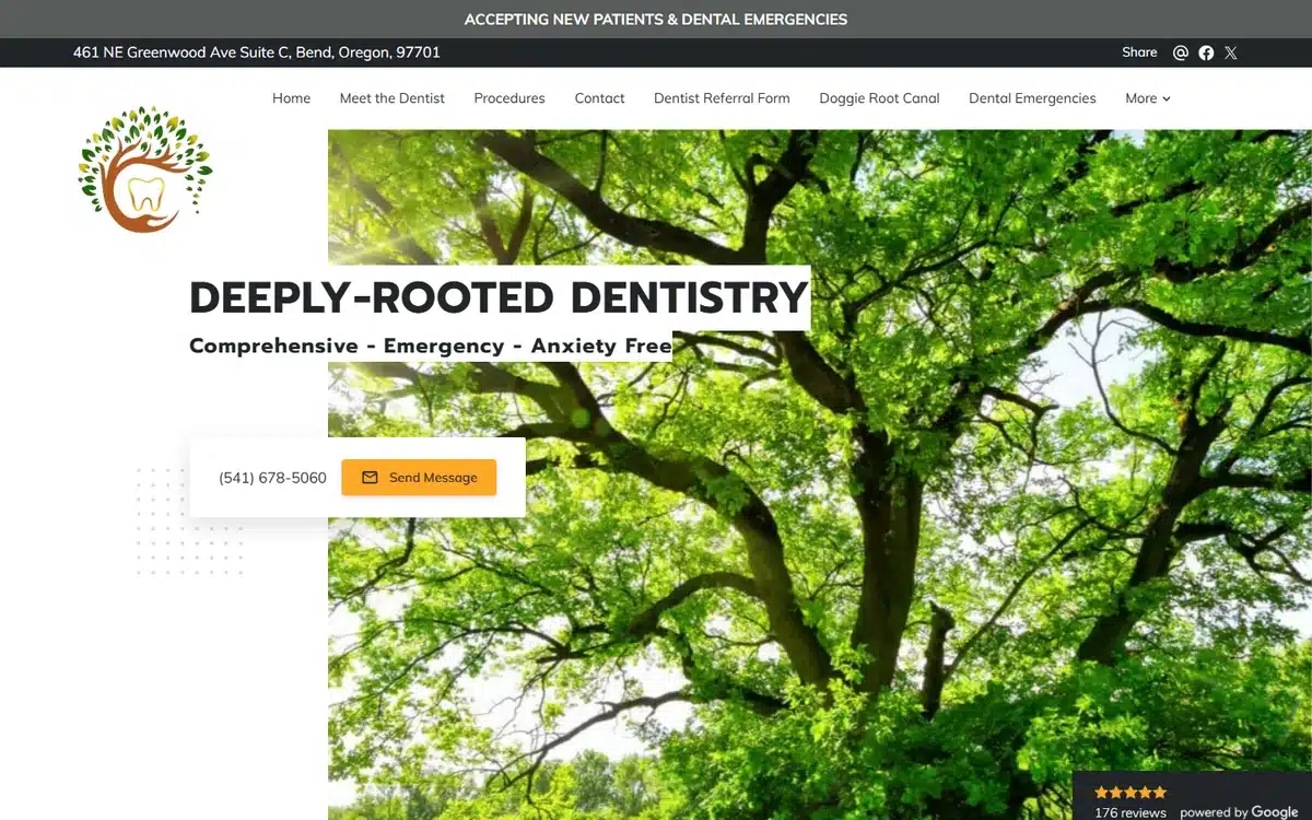 Deeply Rooted Dentistry website with lush tree canopy hero and tree-with-tooth logo