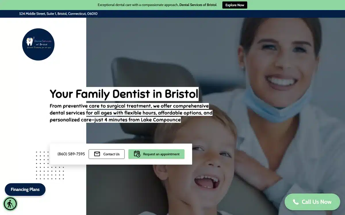 Dental Services of Bristol website with dentist and child patient warm clinical hero