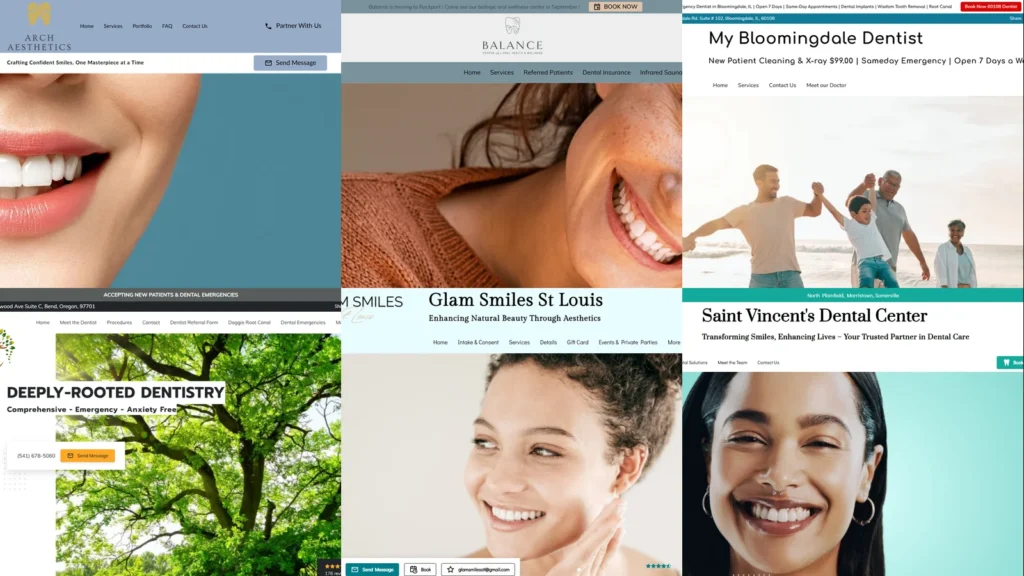 Composite of six UENI customer dental practice website hero images