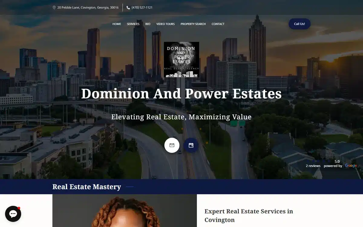 Dominion and Power Estates website with navy palette crest logo and Atlanta skyline hero