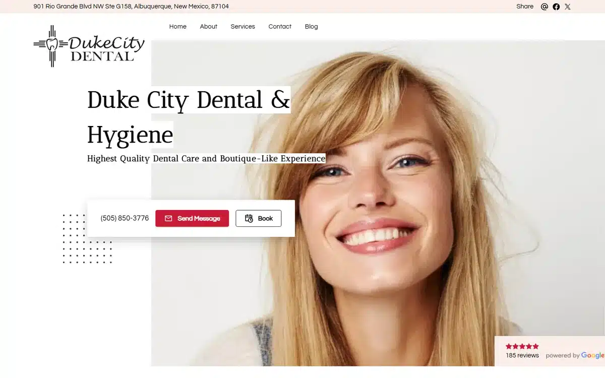 Duke City Dental website with airy portrait and 'Boutique-Like Experience' positioning