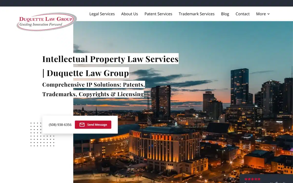 Duquette Law Group website with city skyline at dusk and IP services positioning