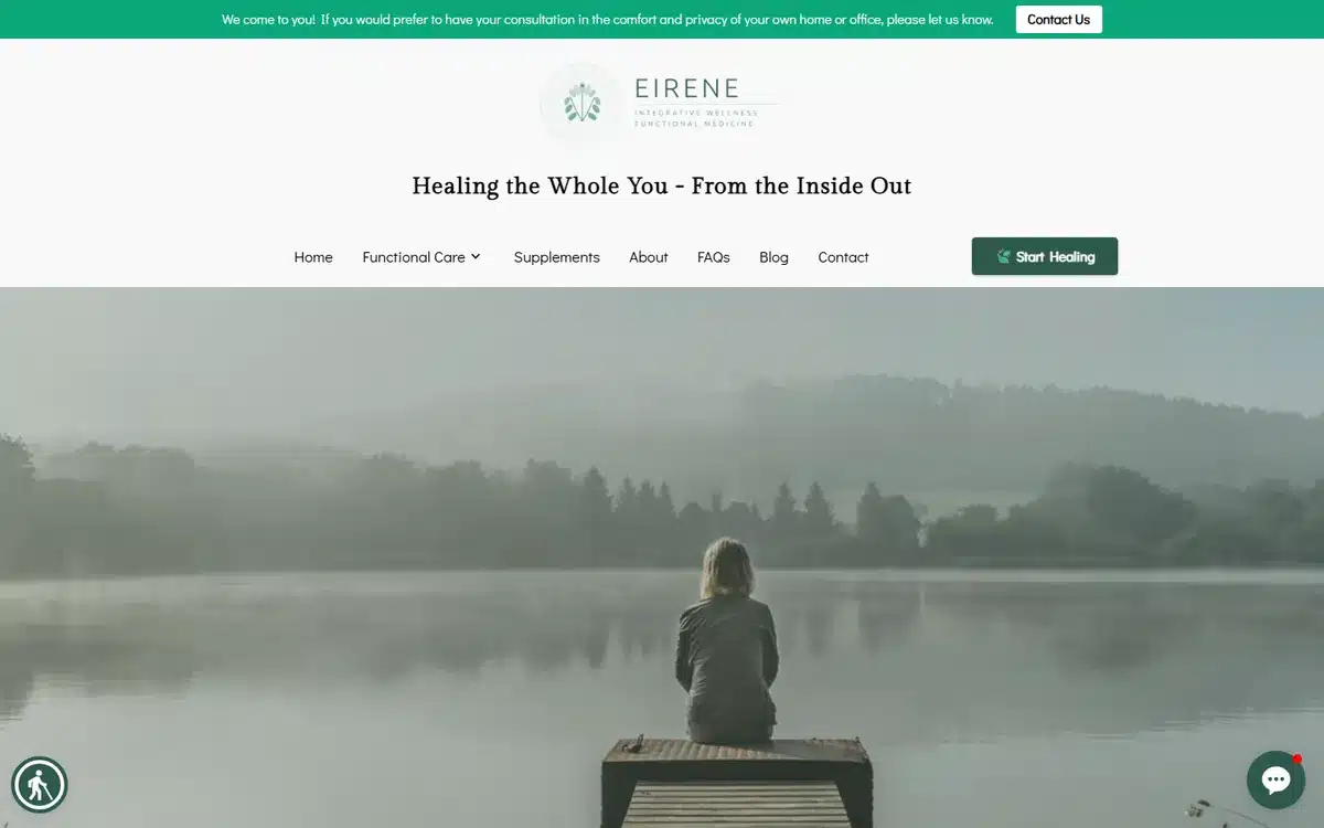Eirene Integrative Wellness website with calming foggy lake imagery and integrative wellness positioning