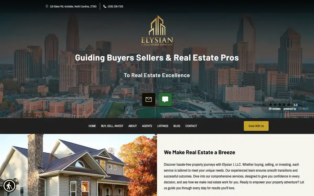 Elysian Real Estate website with gold serif wordmark over a dusk skyline hero