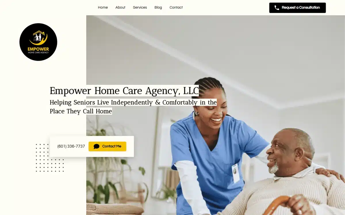 Empower Home Care Agency website with genuine caregiver moment