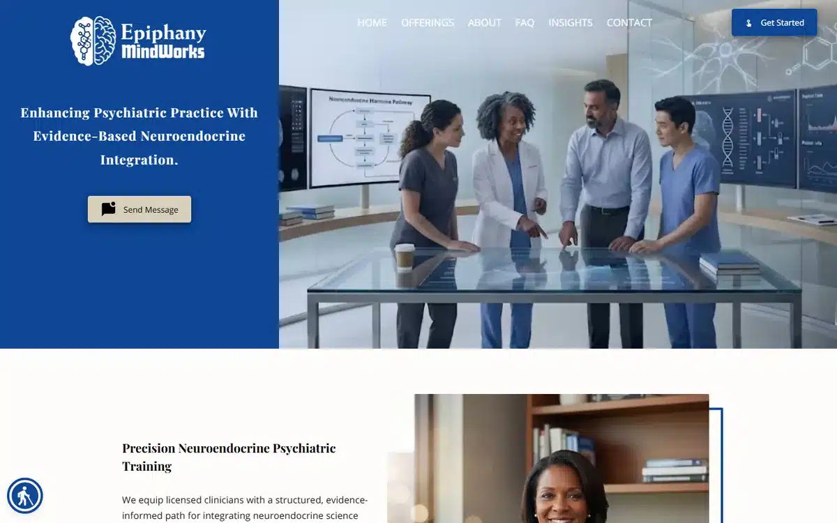 Epiphany Mindworks website with clinical team photo and evidence-based positioning