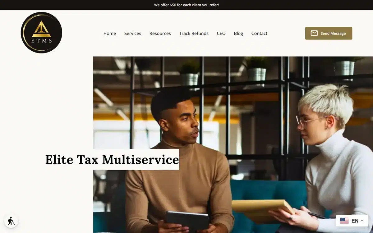Elite Tax Multiservice accounting website with a gold circular logo over a warm advisor-and-client photo
