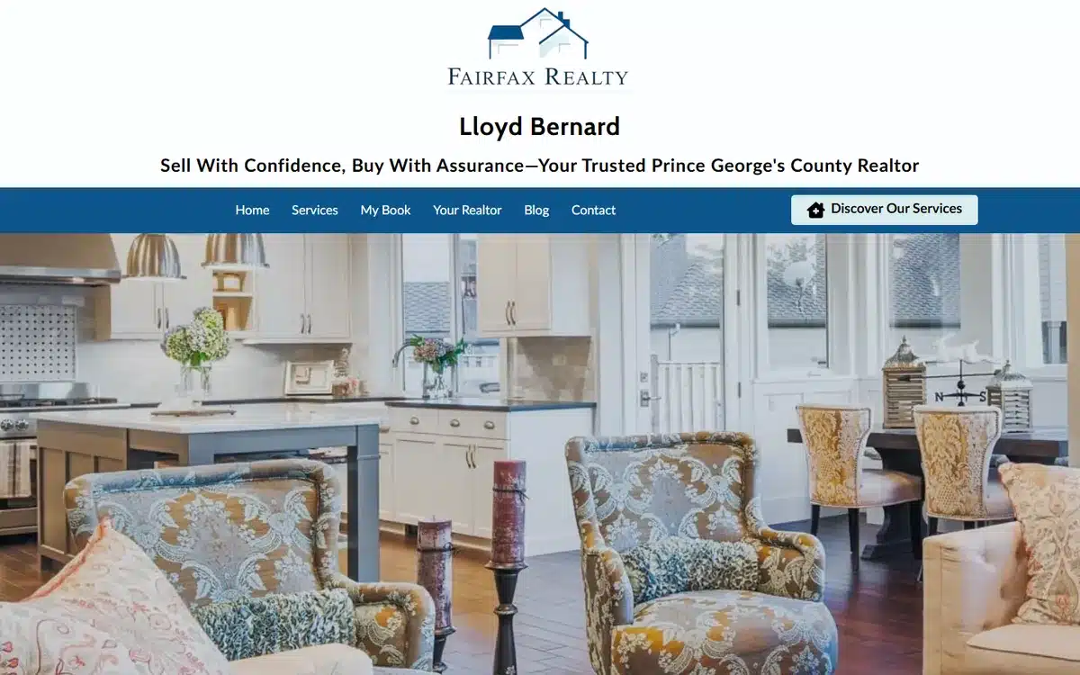 Fairfax Realty Lloyd Bernard real estate website with warm staged-home interior hero