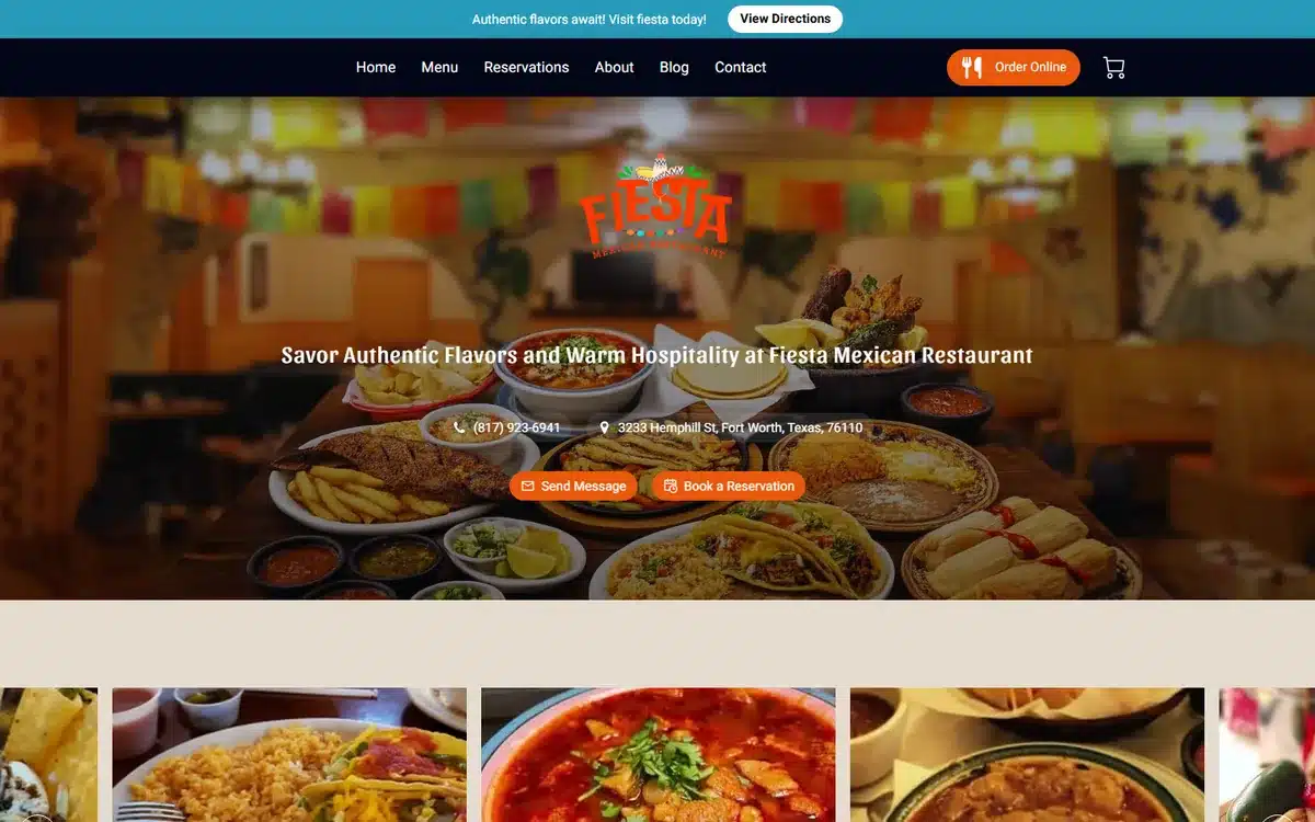 Fiesta Mexican Restaurant website with festive interior shot and party banners