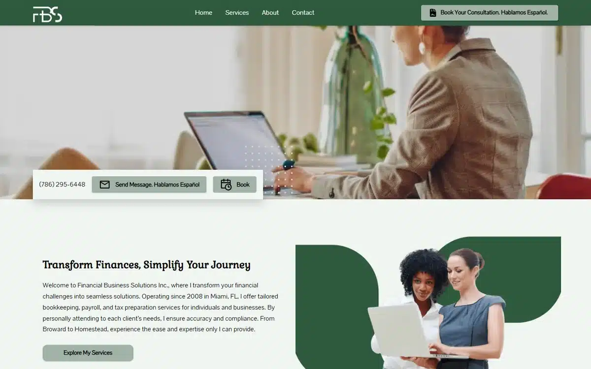Financial Business Solutions accounting website with an olive-green palette and a bilingual Hablamos Espanol CTA