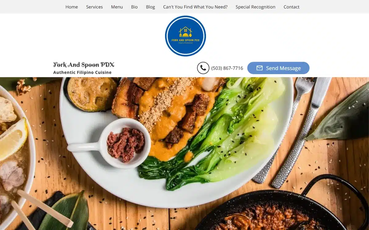 Fork and Spoon PDX Filipino restaurant website with overhead plated dish photography