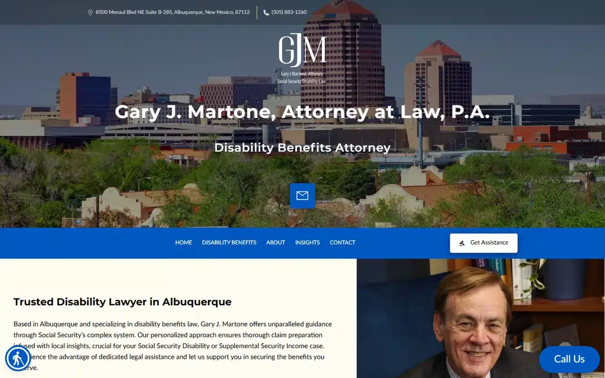 Gary J Martone Attorney at Law website with GJM monogram and Albuquerque skyline