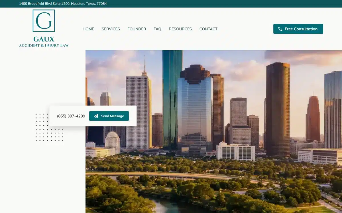 Gaux Accident and Injury Law website featuring Houston skyline and green brand accent