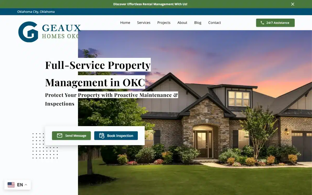 Geaux Homes OKC property management website with dusk house hero and clean CTA stack