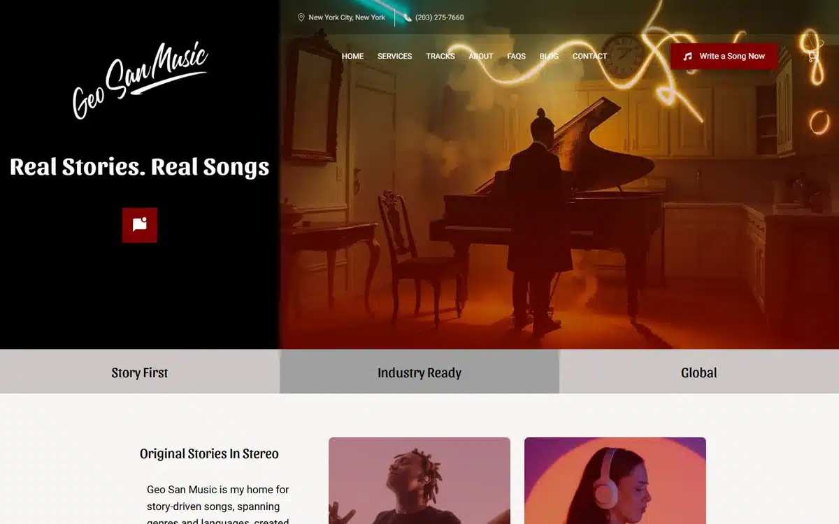 Geo San Music production website with a cinematic pianist hero