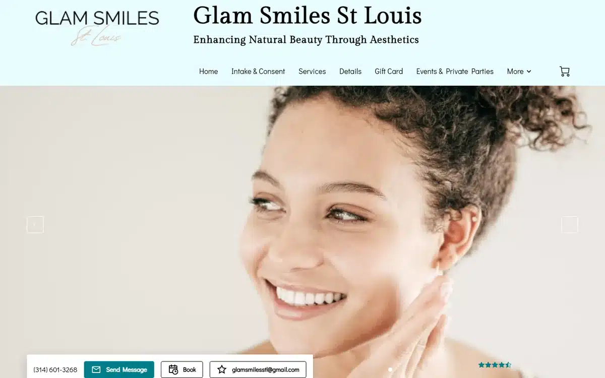 Glam Smiles St. Louis website with editorial beauty portrait and 'Enhancing Natural Beauty Through Aesthetics' tagline