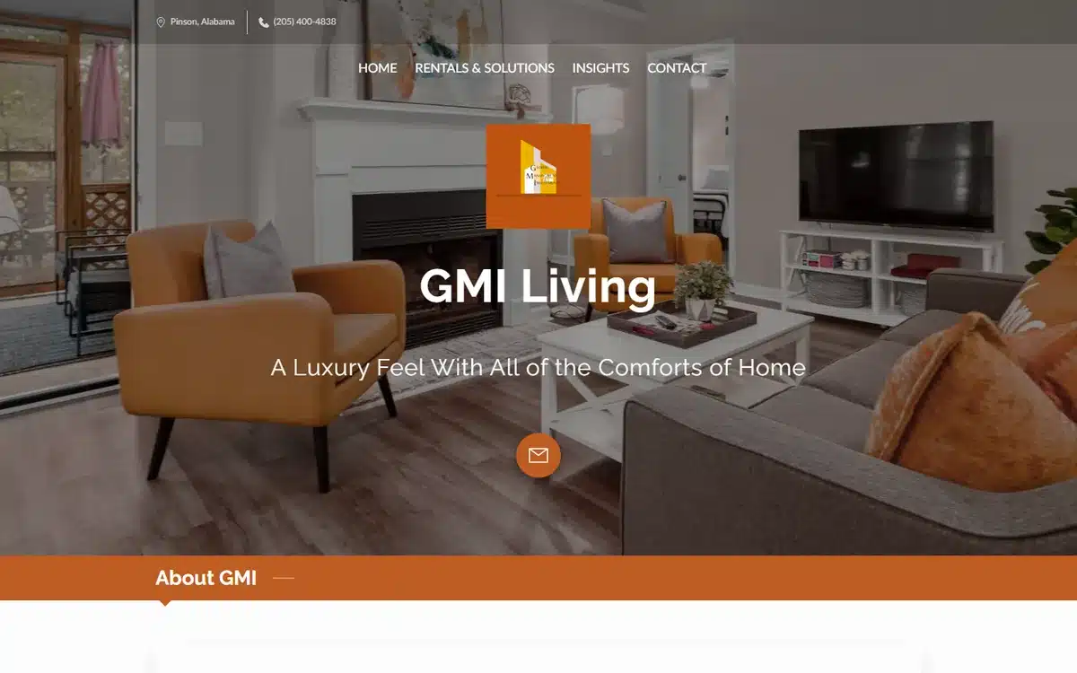 GMI Living short-term rentals website with editorial interior and orange-accent branding