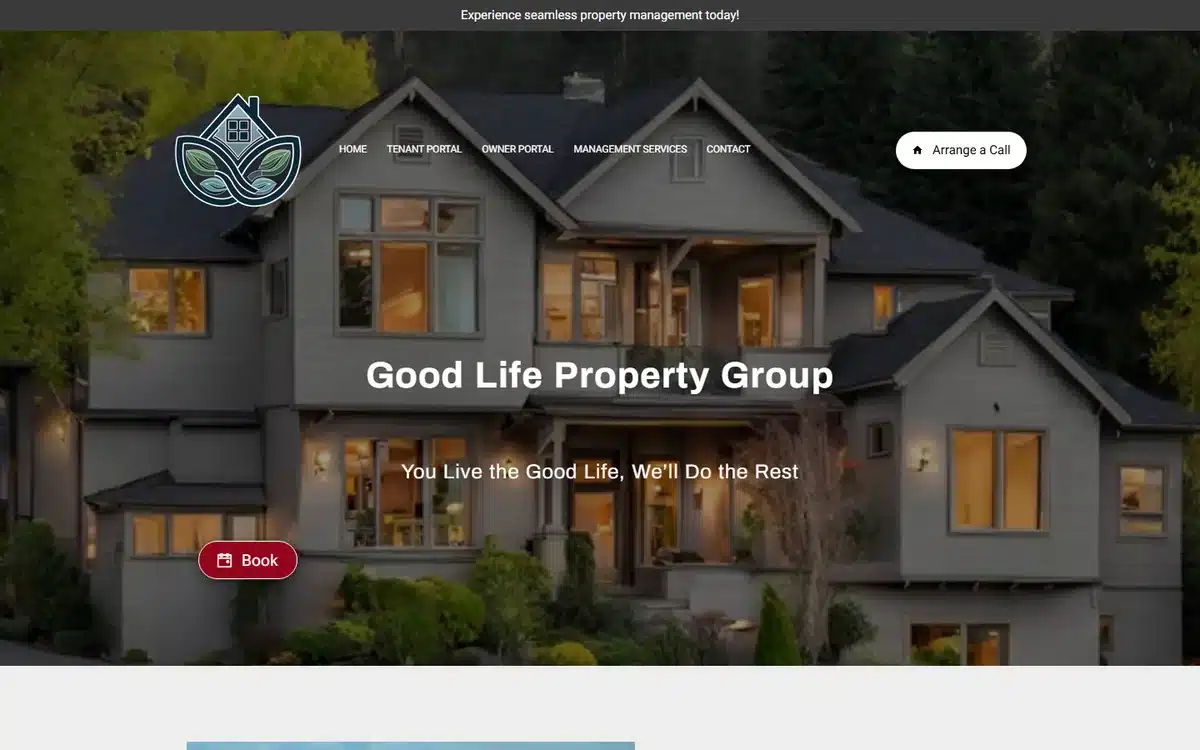 Good Life Property Group website with twilight residence hero and leaf logo