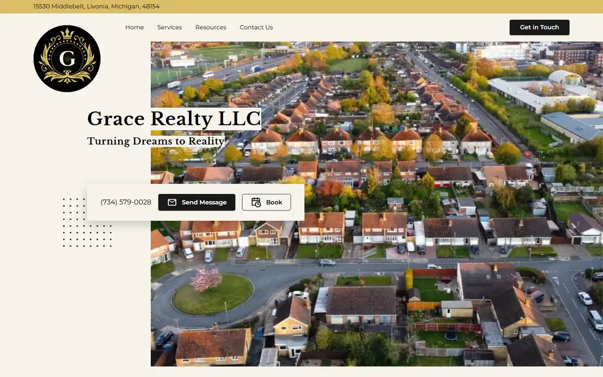 Grace Realty website with aerial neighbourhood hero and refined gold monogram