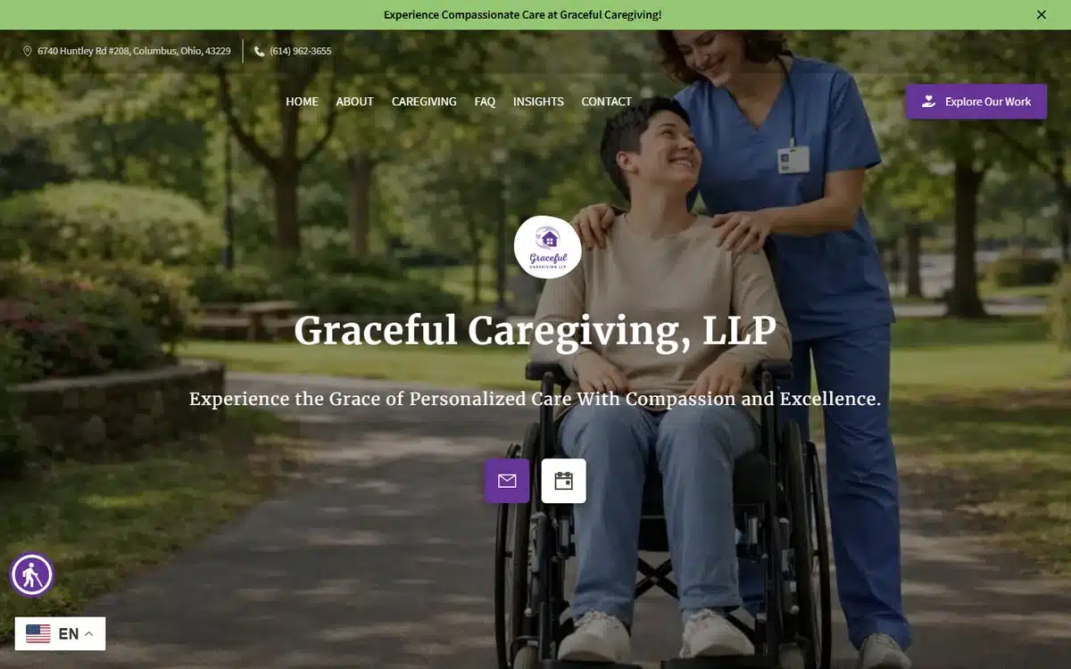 Graceful Caregiving website with outdoor wheelchair caregiving scene