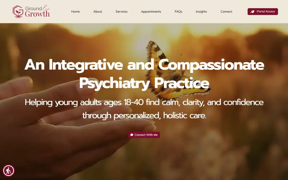 Ground and Growth Integrative Psychiatry website with sunset butterfly imagery