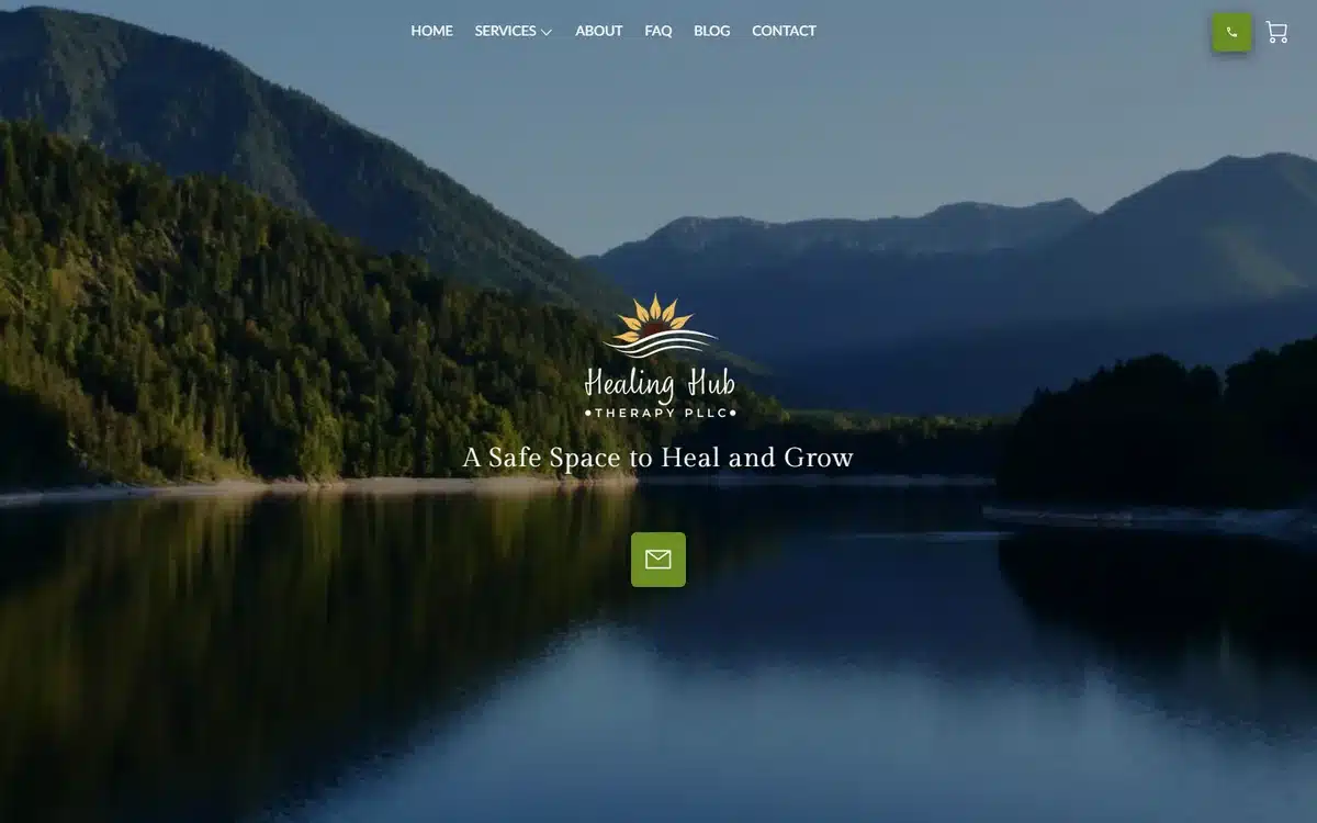 Healing Hub Therapy website with tranquil mirror-lake aesthetic
