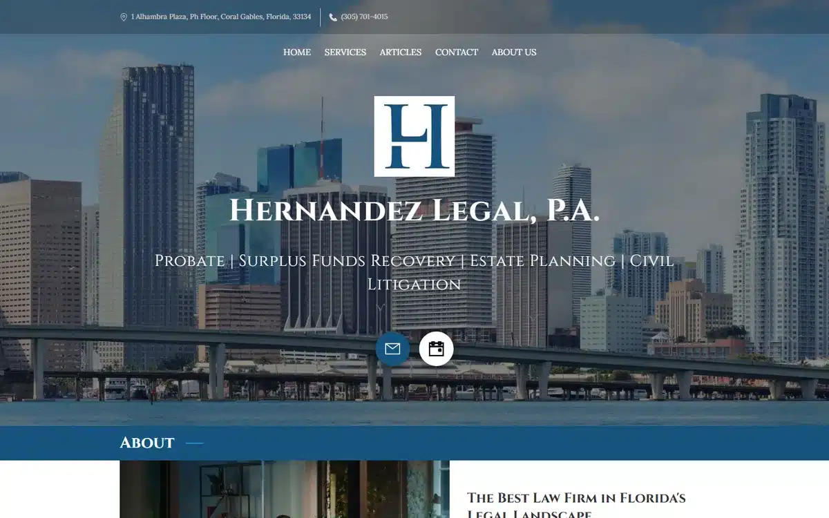 Hernandez Legal PA website with large H monogram over blue Miami skyline