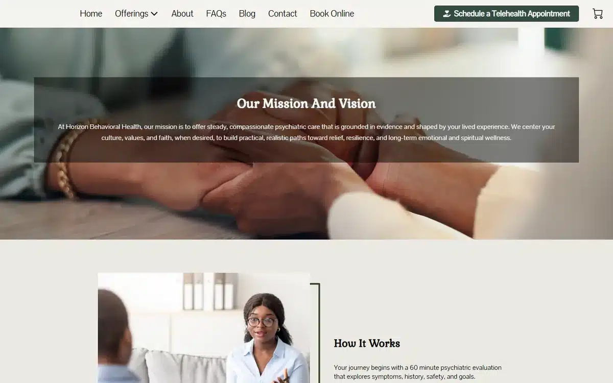 Horizon Behavioral Health website with prominent telehealth appointment CTA