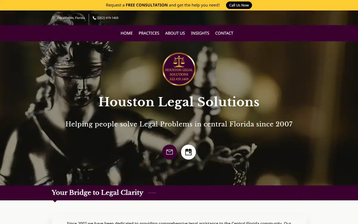 Houston Legal Solutions website with dramatic close-up scales of justice and gold accents