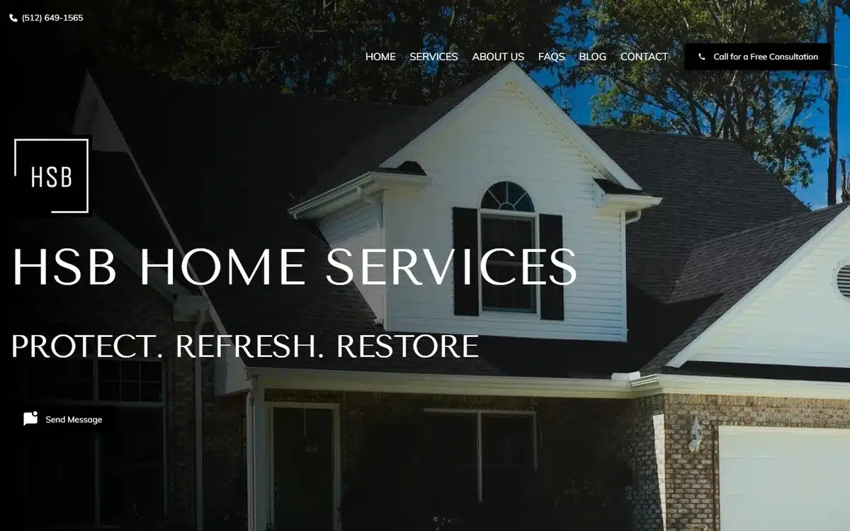 HSB Home Services website with a crisp house photo and 'Protect. Refresh. Restore.' tagline