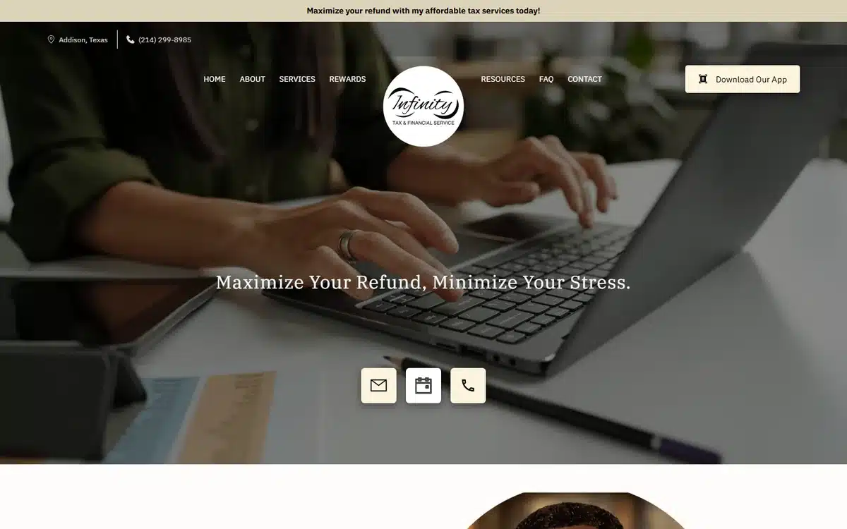 Infinity Tax accounting website with an olive-green editorial palette and a hands-on-laptop hero