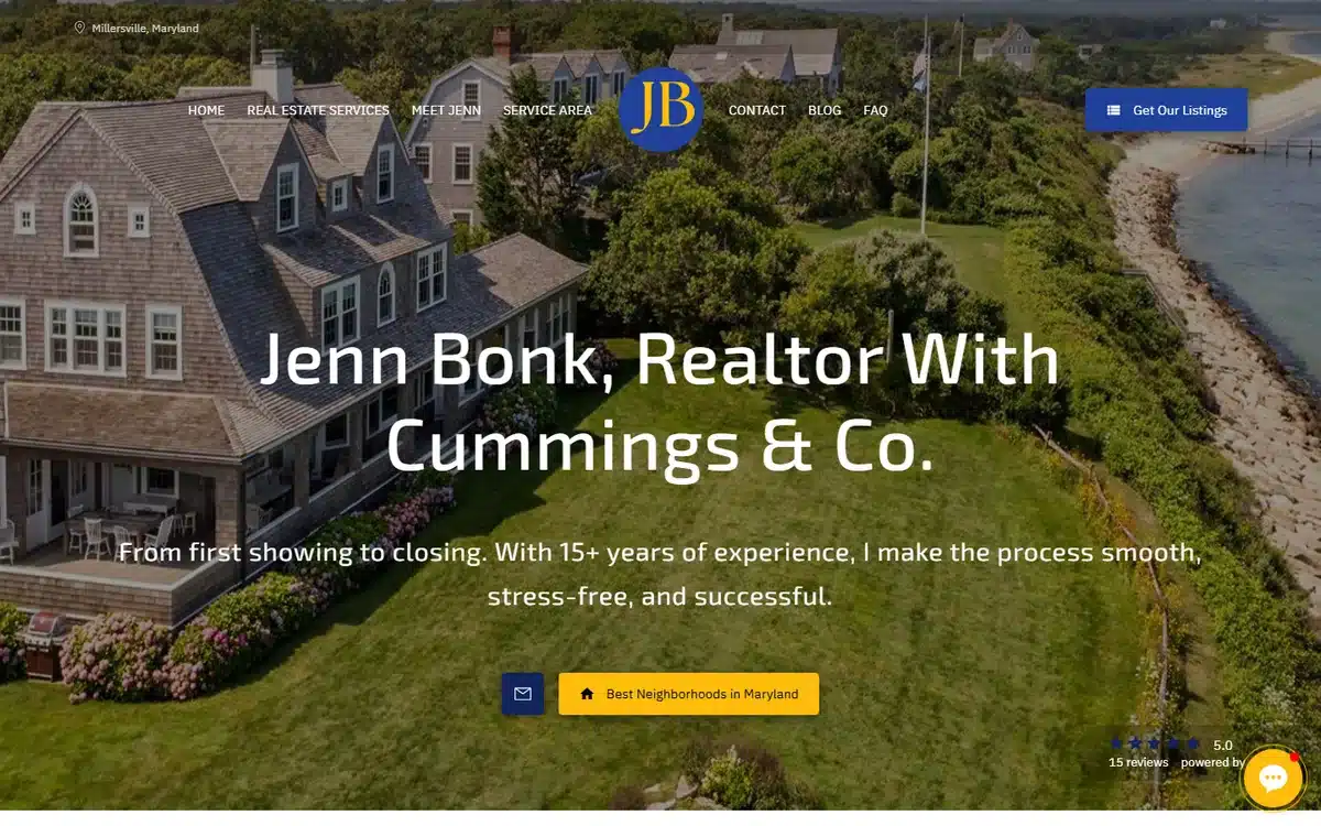 Jenn Bonk Realtor website with premium waterfront estate aerial and JB monogram