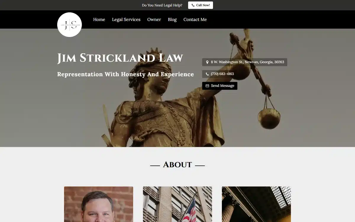 Jim Strickland Law website with Lady Justice holding scales aloft and gold brand accents