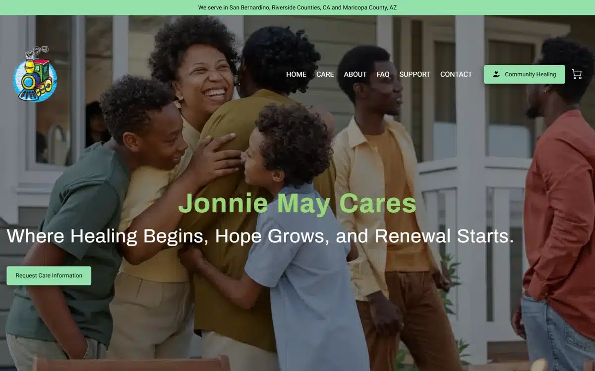 Jonnie May Cares website with warm family-embrace photography