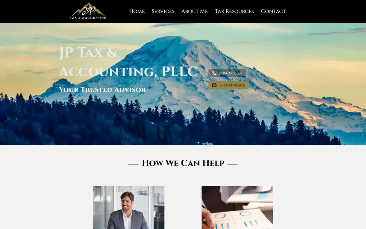 JP Tax and Accounting accounting website with a Mount Rainier hero photograph and an elegant serif wordmark