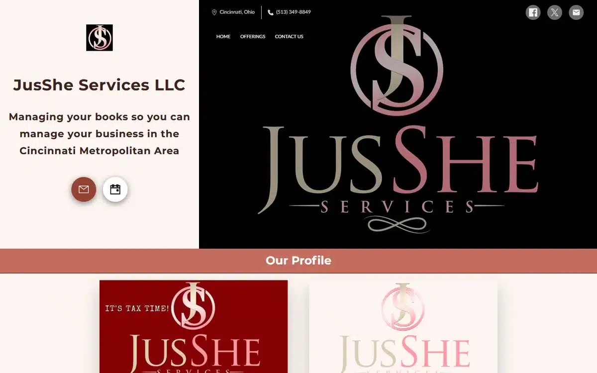 JusShe Services accounting website with a cream-and-black editorial split layout and a rose-gold infinity wordmark