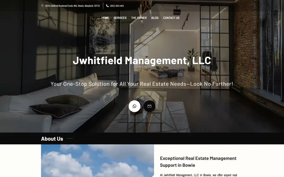 JWhitfield Management property management website with moody industrial loft interior
