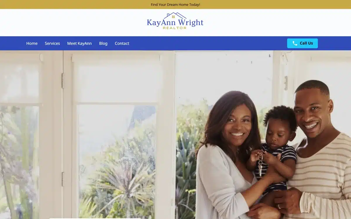KayAnn Wright Realtor website with warm family lifestyle hero and navy-and-gold palette