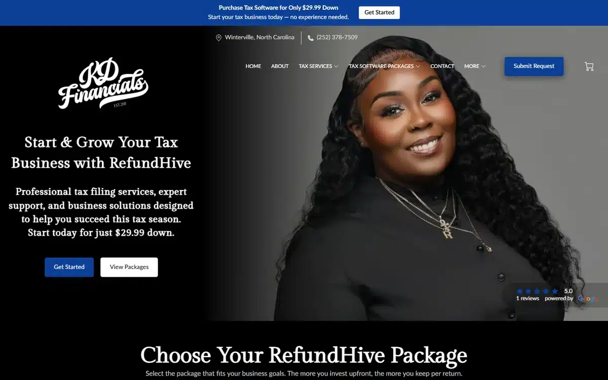 KD Financials accounting website with a founder portrait split-hero in navy and a script logo