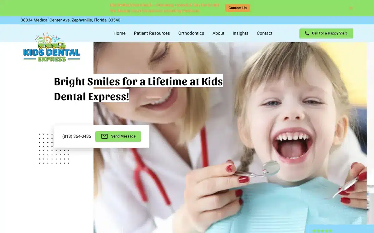 Kids Dental Express website with smiling child holding dental mirror and 'Bright Smiles for a Lifetime' tagline