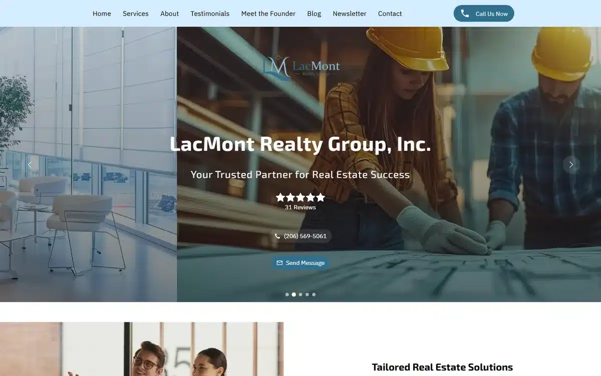 LacMont Realty Group website with blueprint planning hero and visible review badge