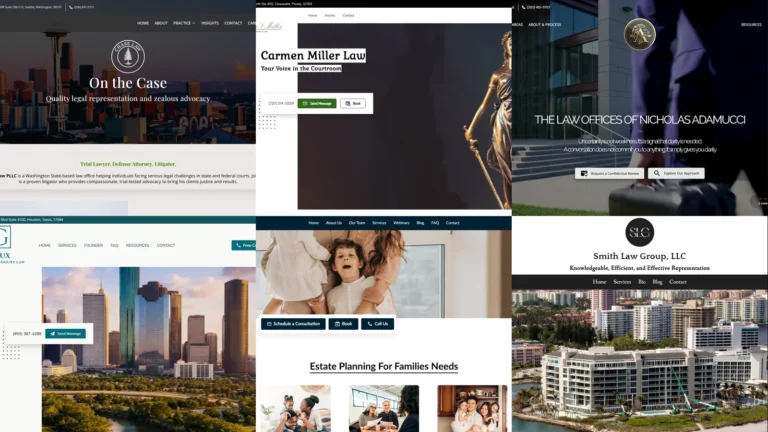 Composite of six UENI customer law firm website hero images